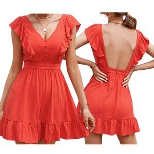 Cupshe Linen Blend Ruffled Sleeveless V-Neck Backless  Mini Dress XS